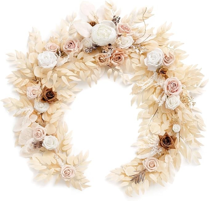 Ling's Moment Eucalyptus Garland with Flowers 6FT，Table Runner with Flowers Handcrafted Wedding Centerpieces for Rehearsal Dinner Bridal Shower | Beige