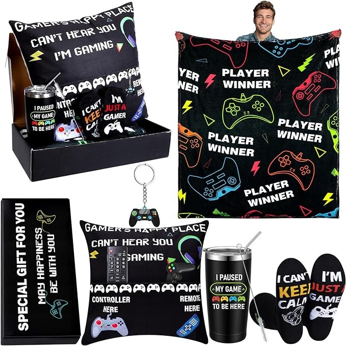 Ziliny 6 Pcs Gamer Gifts for Boys Graduation Gifts Sets Gaming Throw Blanket Tumblers Funny Pillow Covers Socks Keychain and Gift Box for Graduate Men Teen Boys Gamer Lover Gifts