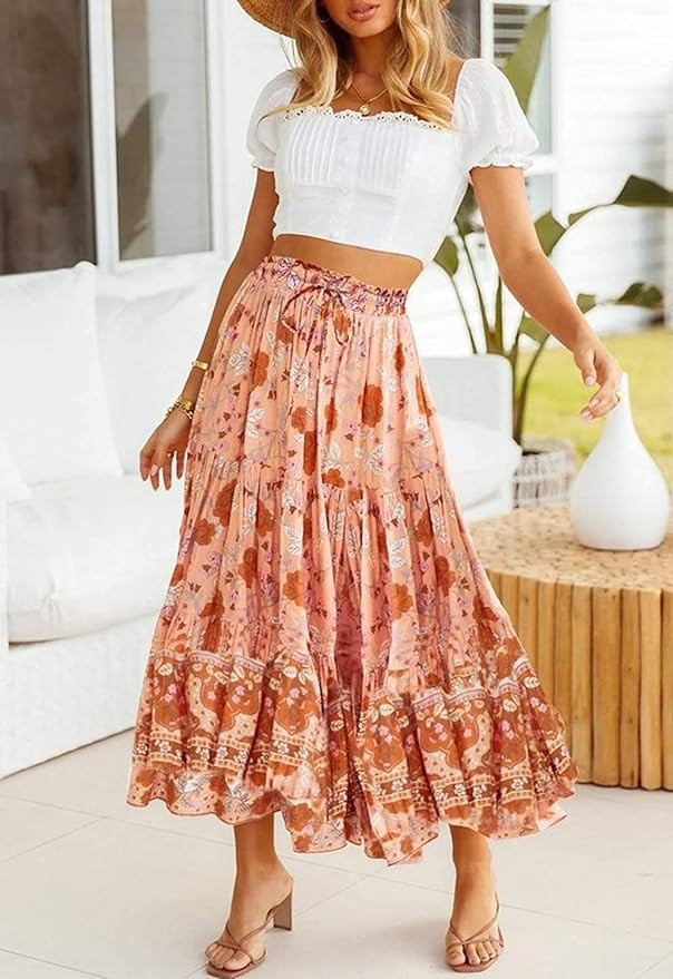 MEROKEETY Women's Boho Floral Print Elastic High Waist Pleated A Line Maxi Skirt