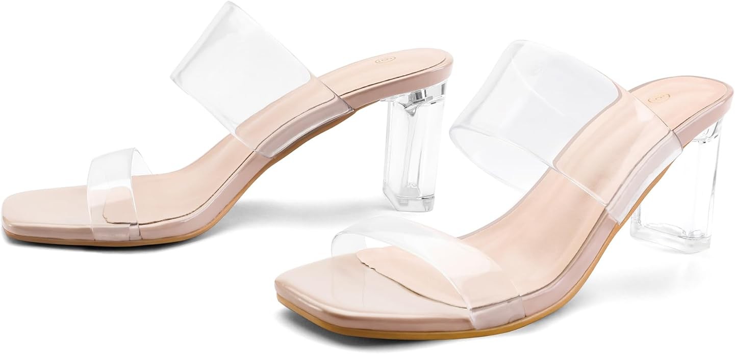 mysoft Clear Heels for Women Transparent Two Strap Block Chunky Square Heel Sandals Open Toe Slip On Sandals