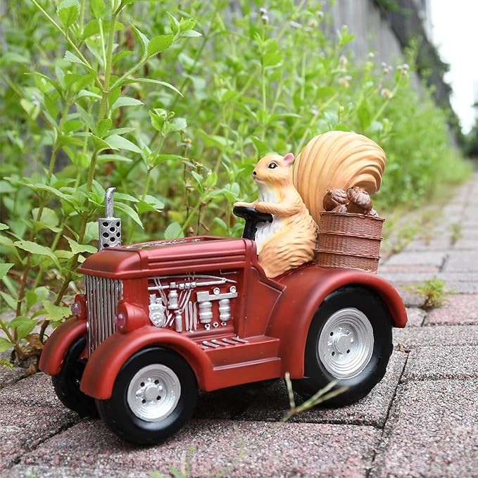 Outdoor Solar Powered Lighted Squirrel's Farm Tractor Statue Used in Lawn Garden Decor, Yard, Flower-Pool Christmas and Harvest Decoration