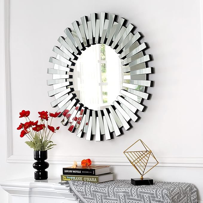 SHYFOY Decorative Mirrors for Wall Home Decor Round Wall Mirror 32 inch Large Modern Silver Mirrors Glass Wall Art Sunburst Wall-Mounted Hanging Accent Mirrors Living Room Bedroom Fireplace Decor