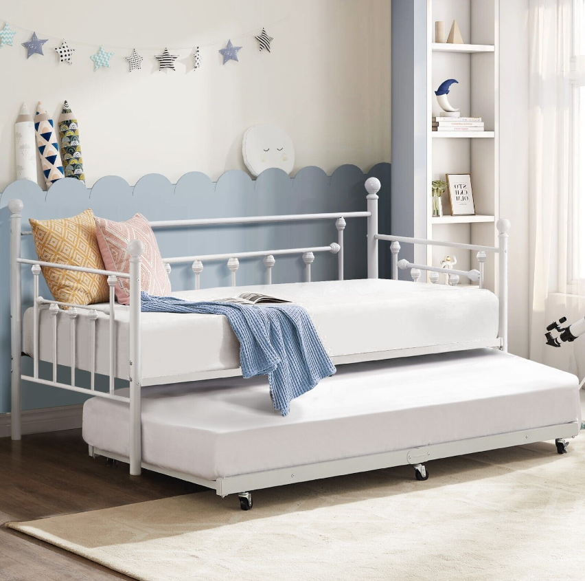 Twin Size Daybed Metal Bed Frame Trundle Sofa Bed Steel Slat Support Headboard