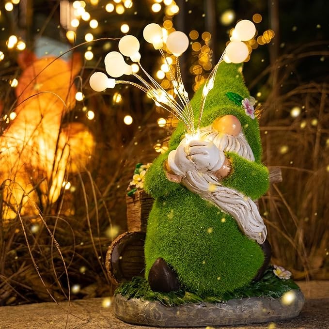 mopha Outdoor Garden Gnome Statues Decor, Funny Solar Powered Fairy Firefly Lights Lawn Ornaments, Resin Figurines Outside Decoration Clearance Gardening Gift