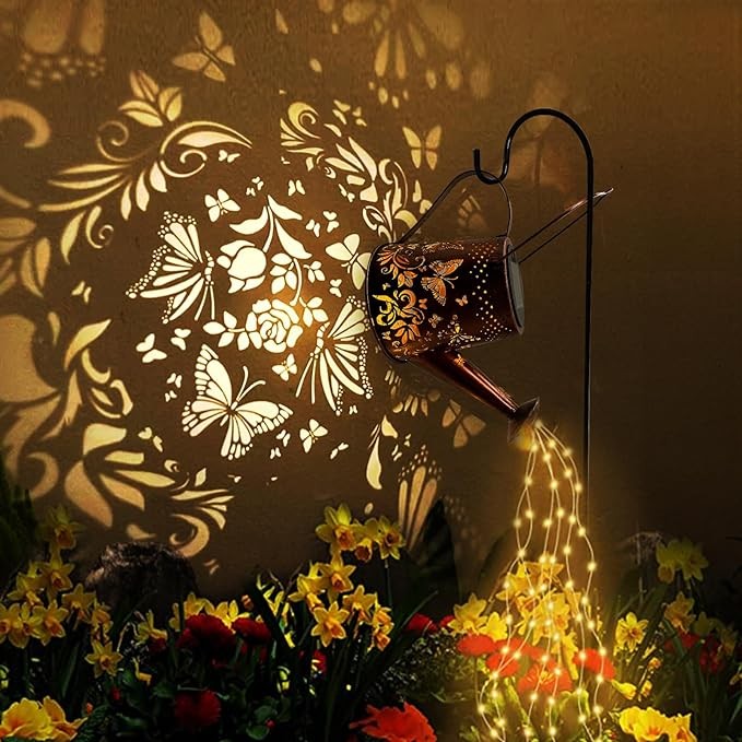Solar Watering Can Outdoor Lights Garden Decor,Butterfly Hanging Lantern Waterproof Landscape Lights Outside Decoration for Yard Porch Patio Pathway Gardening Gifts(with 32 inch Shepherd Hook)