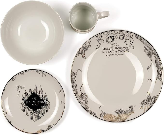 Harry Potter Marauder's Map Porcelain 4 Piece Place Setting - Gold Marauders Map Design - Includes 1 Dinner Plate, 1 Salad Plate, 1 Bowl and 1 Mug - Great Gift for Any Harry Potter Fan