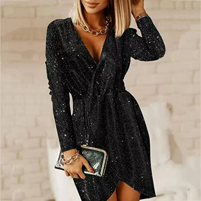 2023 Summer Savings Dresses for Womens,Women Sequin Sexy V-neck Solid Slimming Long Sleeve Buttocks Slit Party Dress Black L