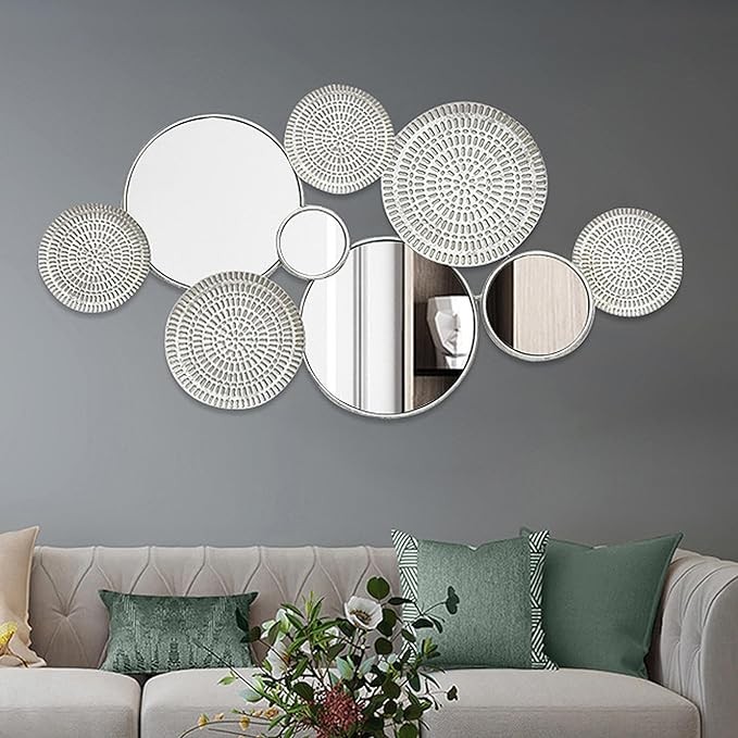 WXFKLDJ Metal Wall Decor with Multi Circle Plates Mirror, Large Modern Wall Art Sculpture Decor for Living Room, Office, Bedroom, Home Decor Gold,Silver